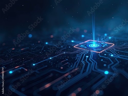 A futuristic tech-inspired background featuring glowing neon circuits and grids on a dark blue gradient backdrop generative ai photo