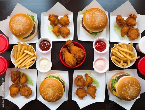 Above view of fast food meals in random tastes, burgers, fried chickens and french fries