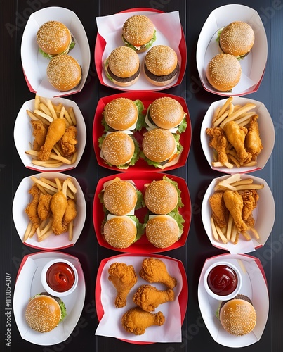 Above view of fast food meals in random tastes, burgers, fried chickens and french fries