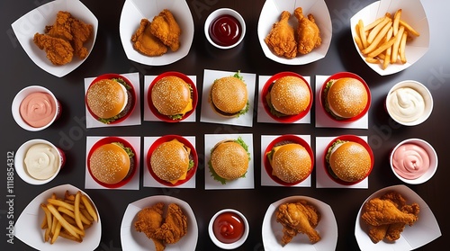 Above view of fast food meals in random tastes, burgers, fried chickens and french fries