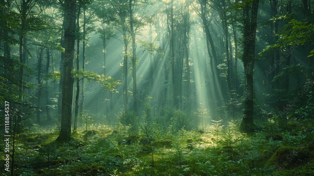 Obraz premium Sunbeams pierce through misty forest, illuminating lush green undergrowth.