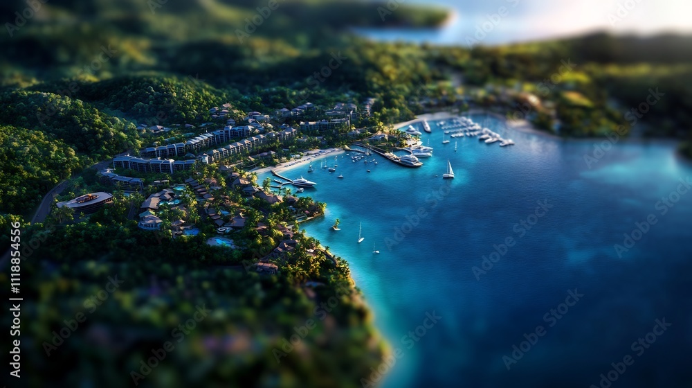 Aerial view of a tropical resort town nestled along a coastline with lush greenery, a marina, and yachts. Aerial view of a tropical resort town nestled along a coastline with lush greenery, a marina, and yachts.
