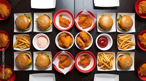 Above view of fast food meals in random tastes, burgers, fried chickens and french fries