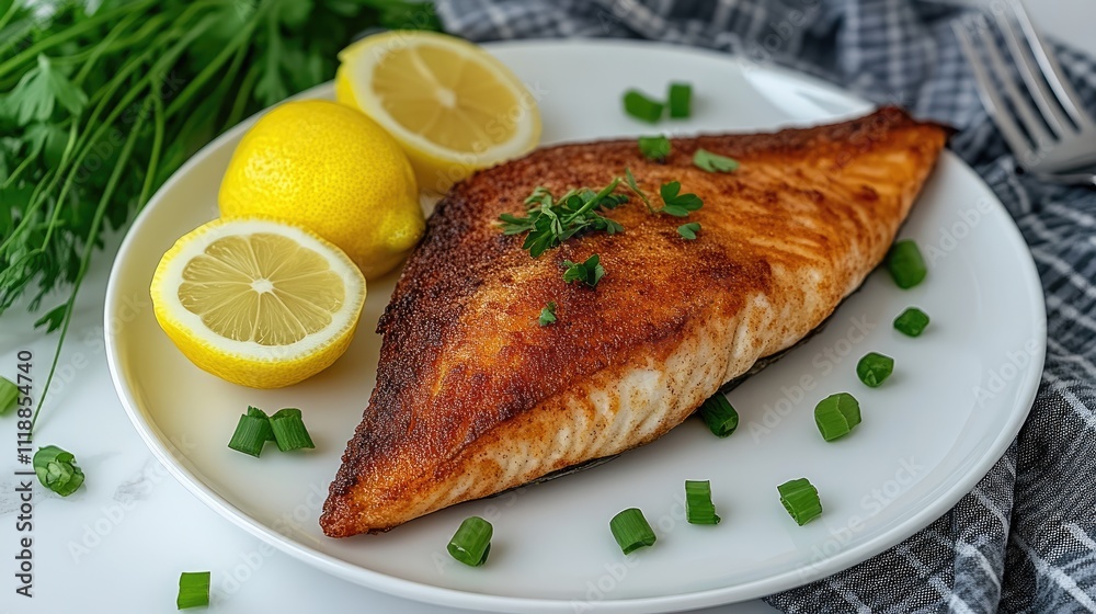 Delicate fish fillet with golden-brown edges served elegantly on a white plate, garnished with lemon juice, showcasing its natural beauty Delicate fish fillet with golden-brown edges served elegantly on a white plate, garnished with lemon juice, showcasing its natural beauty