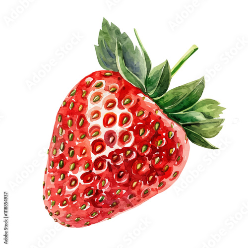 A watercolor painting of a Strawberry, with vibrant red fruit and green leaves. Strawberry vector.