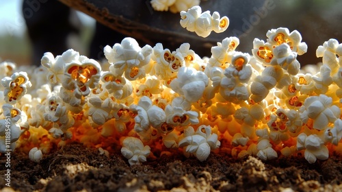 Farmer plowing a field of popcorn kernels kernels popping under farmer's feet Isolated solo on plain background One main object high quality very detailed Professional image photo