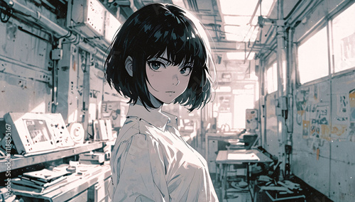 Charismatic Anime Girl in Glasses and Short Hair Pencil Sketch Art Black and White Wallpaper