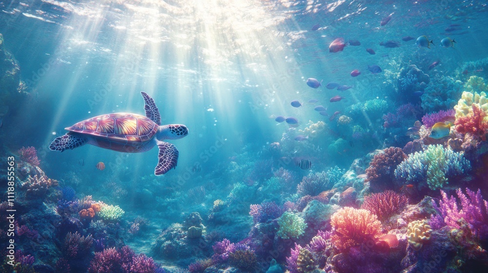 Fototapeta premium Sea turtle gracefully swims through vibrant coral reef, sunbeams illuminating the scene.