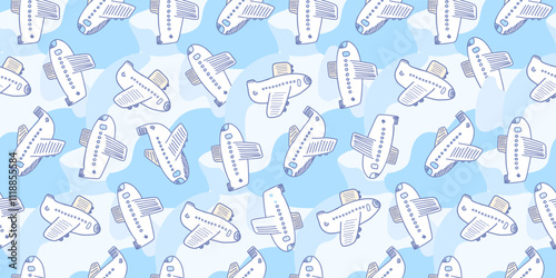 Cute kids seamless pattern with white planes and clouds on blue sky. Childish hand drawn airplanes in turquoise cloudscape print for textile, boys wrapping paper, wallpaper, surface