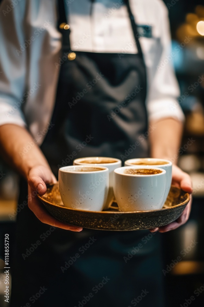 A barista holding two espresso shots in cups on a tray. A barista holding two espresso shots in cups on a tray.