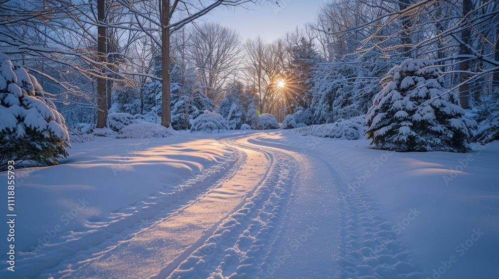 Sunlit snow path through winter forest. Sunlit snow path through winter forest.