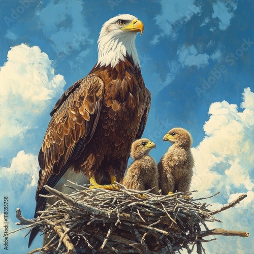 Here's a  and keyword list for your image.. Majestic bald eagle with two eaglets in a nest, overlooking a vibrant sky. photo