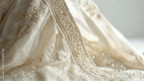 Elegant Cream Embroidered Fabric with Pearl Detailing photo