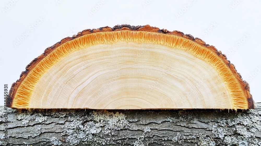 Naklejka premium Close-up of a tree trunk slice, showing wood grain and bark texture.