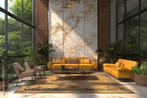 Luxurious modern living room with marble walls, large windows, and stylish furniture. 
