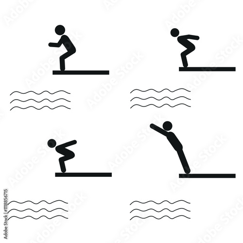 a set of icons of people jumping into the water from a springboard, from a tower, a healthy lifestyle, pictograms of human figures, a stick man doing sports, a sketch