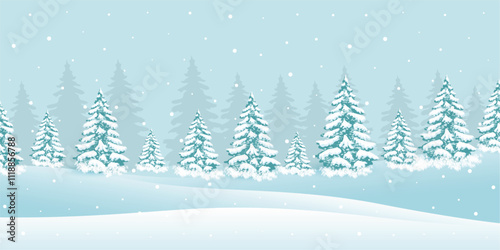 Winter Landscape background. Christmas Background. Winter Landscape blue sky with snow on forest pine tree on moutains. Snow hurricane landscape, snowflakes on blue background. social media banner