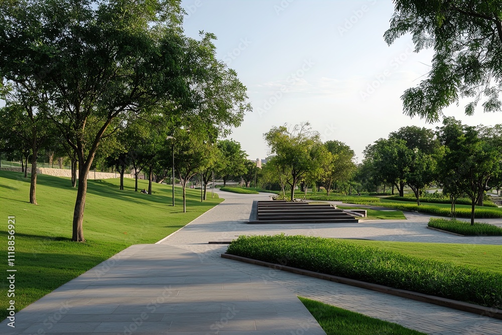 Obraz premium Lush green park with pathways, trees, and modern landscaping under a clear blue sky