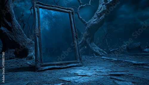 Mysterious Antique Mirror, Dark Enchanted Forest, Magical Background, Glowing Fog, Twisted Trees