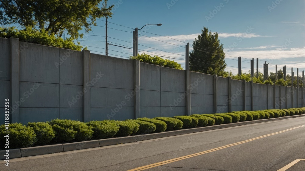 Obraz premium Concrete wall fence with hedge and distant building
