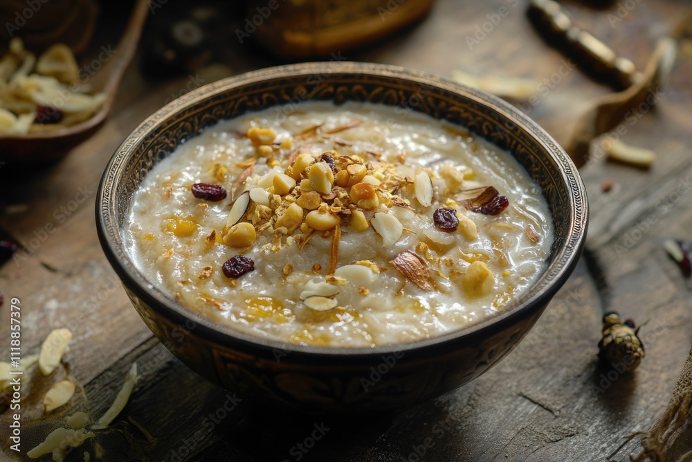 Nutritious cereal with milk and toppings on wooden dining table. Nutritious cereal with milk and toppings on wooden dining table.