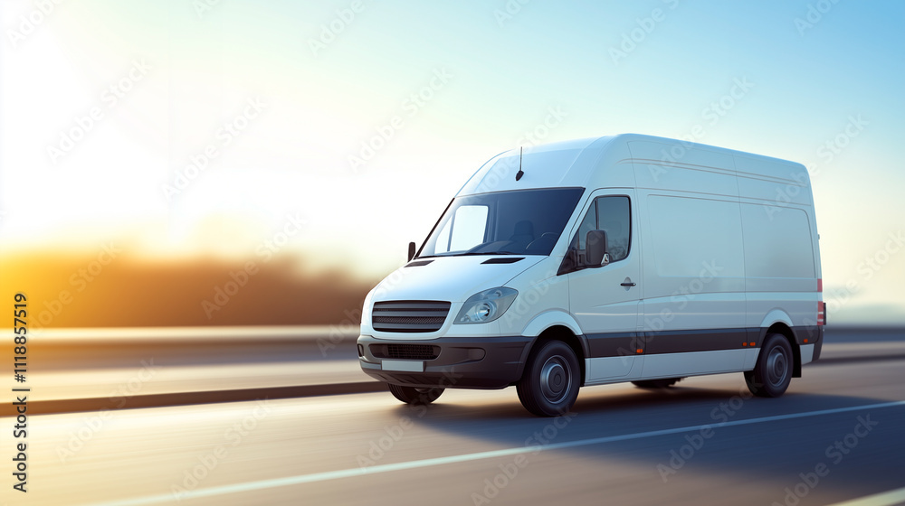 Obraz premium White delivery van driving on highway during a sunset