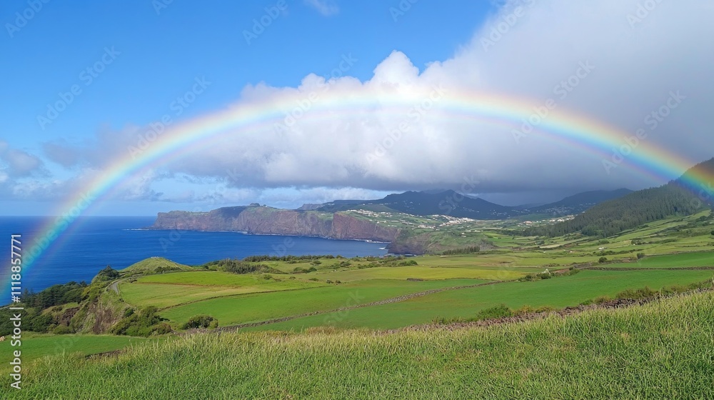 Rainbow Arcs Over Lush Green Island Landscape Rainbow Arcs Over Lush Green Island Landscape