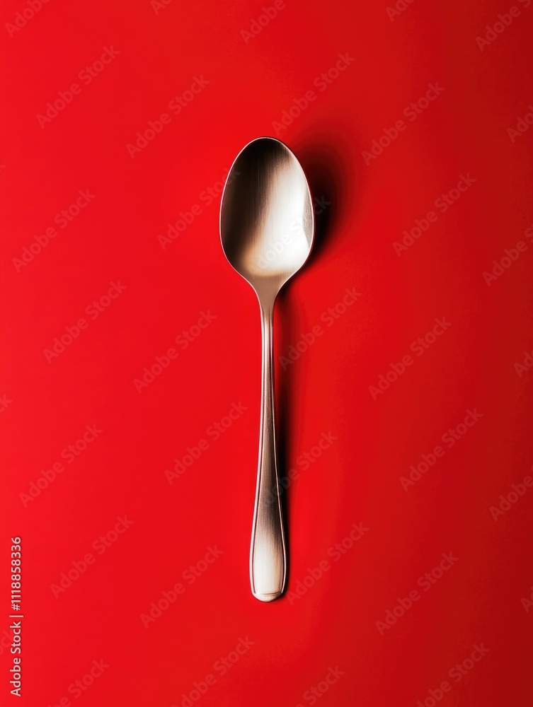 A single, silver spoon is placed against a red background with a simple and clean design. A single, silver spoon is placed against a red background with a simple and clean design.