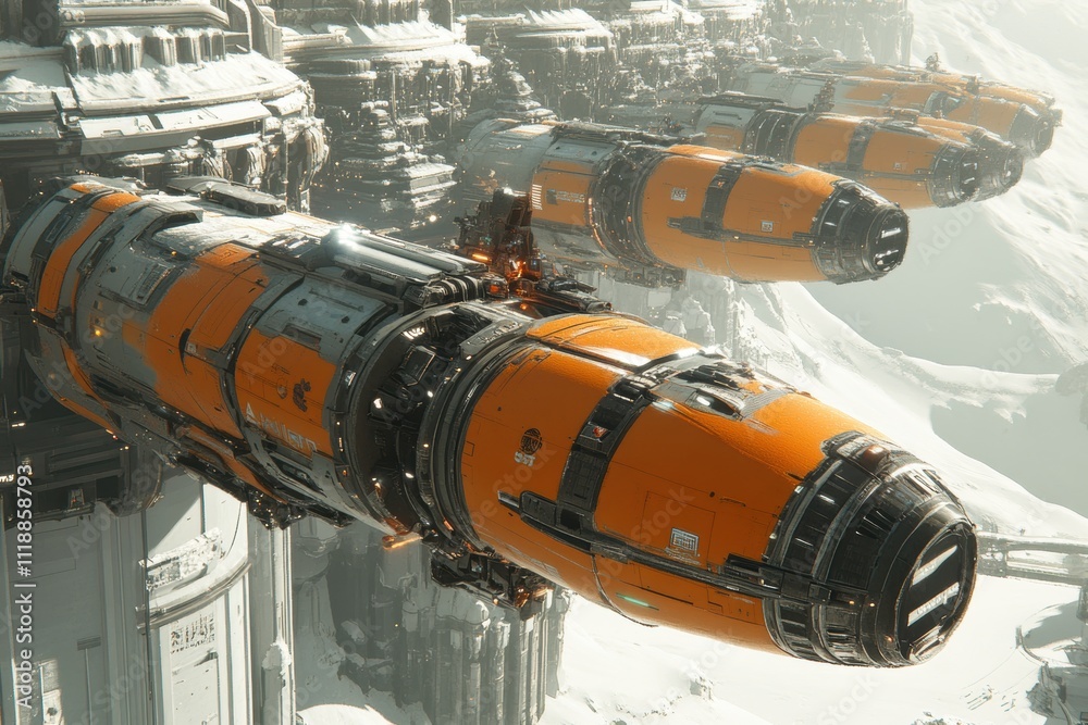 Space exploration event spaceships docking on icy planet digital art futuristic environment aerial view sci-fi concept Space exploration event spaceships docking on icy planet digital art futuristic environment aerial view sci-fi concept