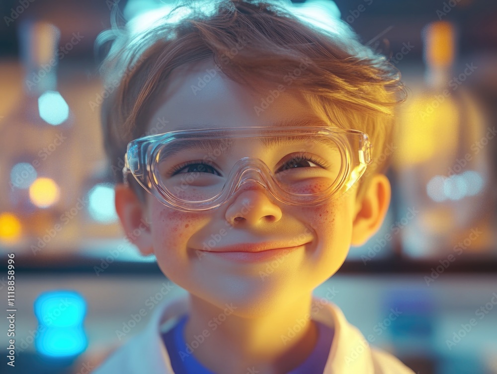Smiling boy in lab gear, happy to be a little scientist. Smiling boy in lab gear, happy to be a little scientist.
