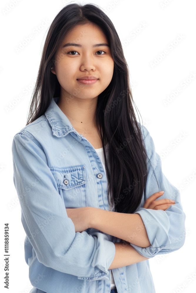 Young Asian female posing confidently for a portrait with crossed arms, wearing casual attire. Her expression is positive and self-assured. Young Asian female posing confidently for a portrait with crossed arms, wearing casual attire. Her expression is positive and self-assured.