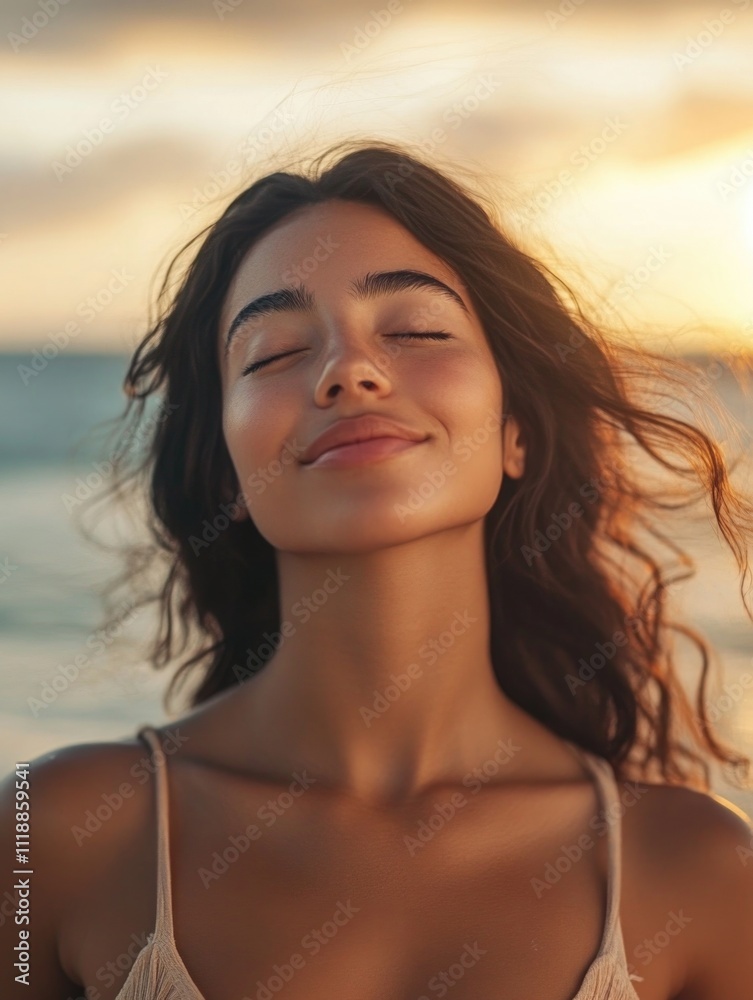 A woman with her eyes closed and a serene smile, enjoying a beach sunset. A woman with her eyes closed and a serene smile, enjoying a beach sunset.