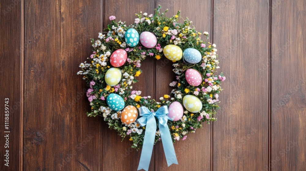 Colorful Easter Wreath with Flowers and Painted Eggs on Wood Wall Colorful Easter Wreath with Flowers and Painted Eggs on Wood Wall