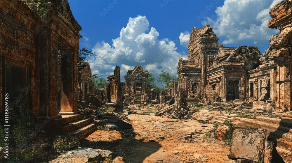 Ancient Ruins with Lush Vegetation Under a Bright Blue Sky Ancient Ruins with Lush Vegetation Under a Bright Blue Sky