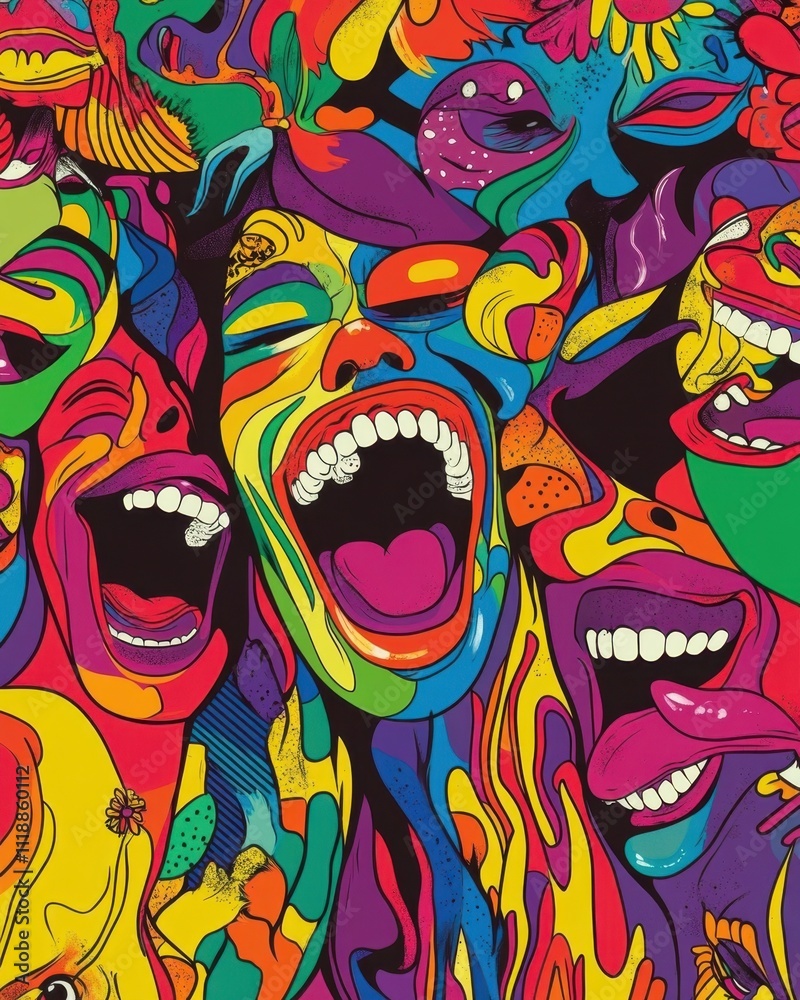 A vibrant collage of colorful, expressive faces laughing joyfully. A vibrant collage of colorful, expressive faces laughing joyfully.