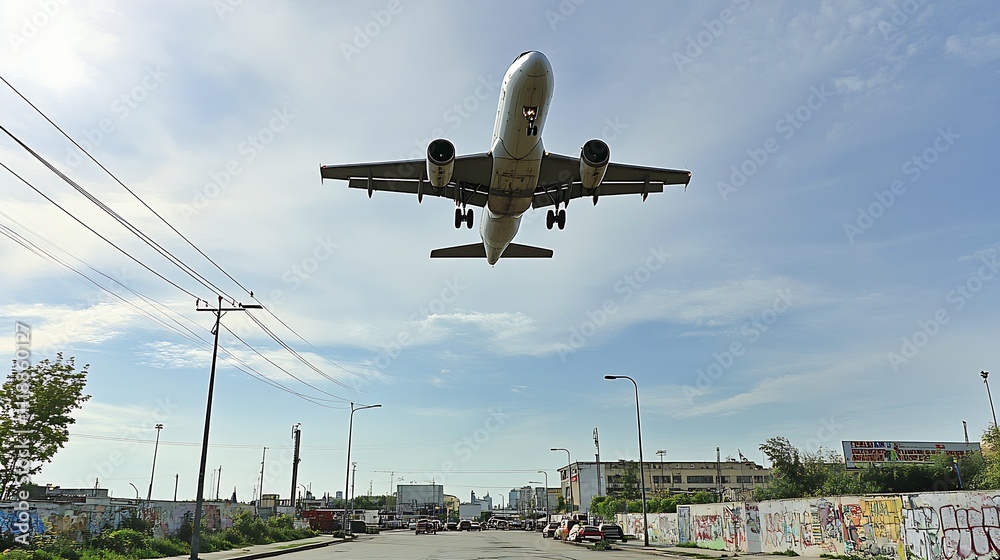 Fototapeta premium Commercial Airplane Flying Low Over Urban Street with Graffiti on Summer Day : Generative AI