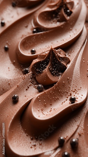 Close-up of smooth, creamy chocolate mousse with elegant wave-like patterns and fine cocoa powder granules sprinkled on the surface. Rich texture of the dessert