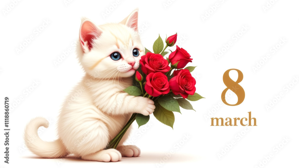 white fluffy kitten holds a bouquet of red roses in its paws white fluffy kitten holds a bouquet of red roses in its paws