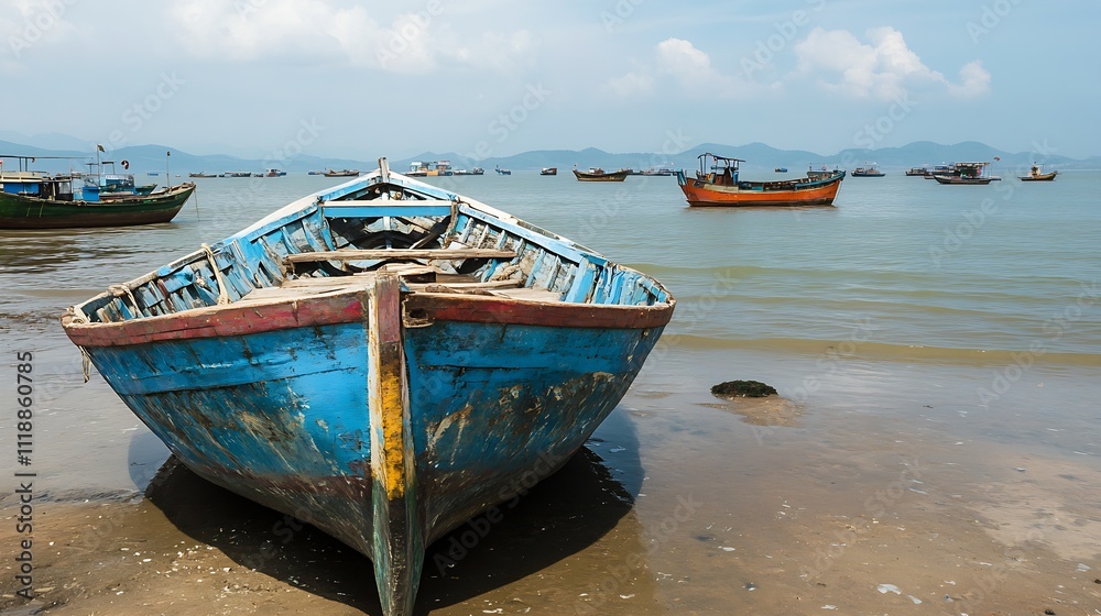 Weathered Blue Fishing Boat on Sandy Shoreline with Distant Boats and Cloudy Sky : Generative AI Weathered Blue Fishing Boat on Sandy Shoreline with Distant Boats and Cloudy Sky : Generative AI