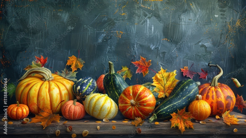 Autumn still life with pumpkins and leaves on a dark background Autumn still life with pumpkins and leaves on a dark background