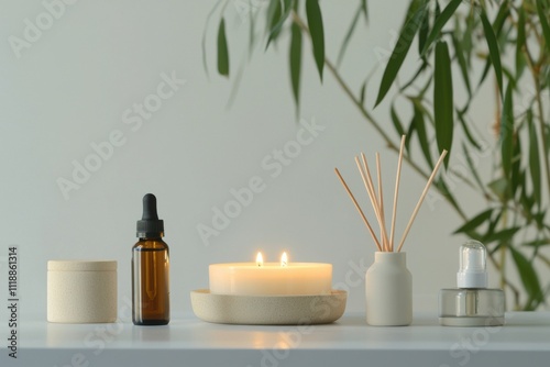 Wellness tools like candles and aromatherapy oils create a calming atmosphere.