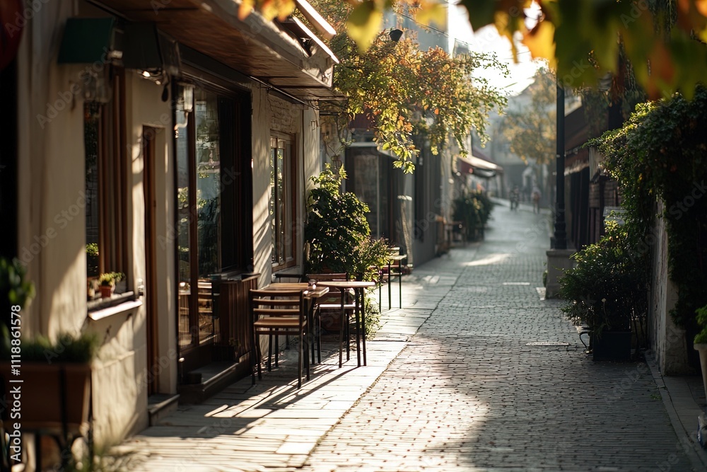 Fototapeta premium Cobblestone street lined with cafes and plants in a quaint neighborhood during golden hour