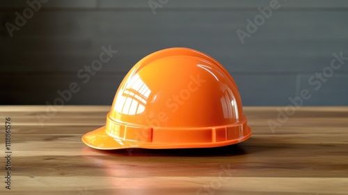 Bright orange hard hat resting on a wooden surface. photo