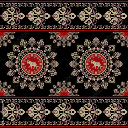 elephants pattern, mandala
Beautiful Thailand,thai pattern,seamless,Traditional,ethnic,fabric pattern for textiles,rugs, wallpaper,clothing, sarong,batik,wrap,embroidery,print,background,cover, illust