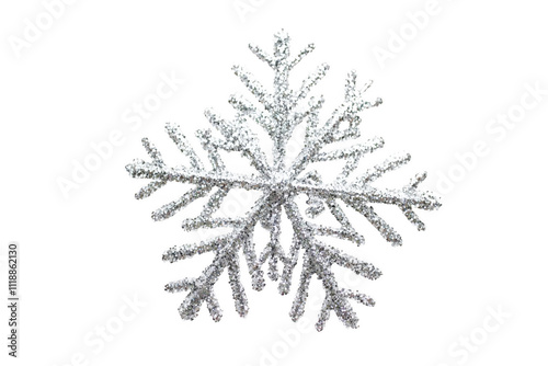 A glittering silver snowflake ornament is beautifully displayed on a white background. Perfect for Christmas, winter celebrations, or festive decor inspiration.