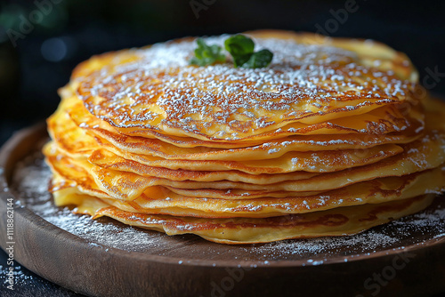 Photo de crêpes dorées empilées et saupoudrées de sucre glace, célébrant la Chandeleur et la tradition gourmande photo