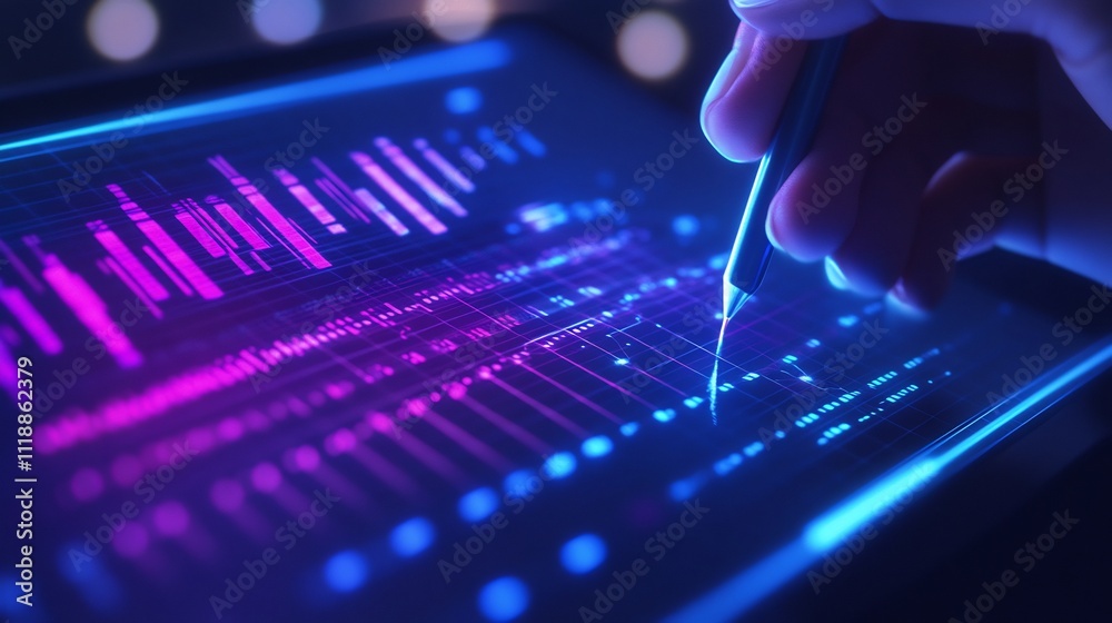 Hand analyzing financial data on a glowing digital tablet screen. Hand analyzing financial data on a glowing digital tablet screen.