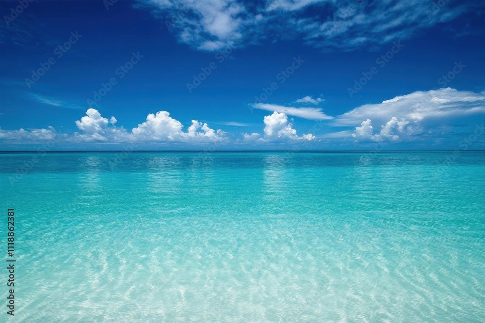 Serene ocean view with clear turquoise water and fluffy clouds. Serene ocean view with clear turquoise water and fluffy clouds.