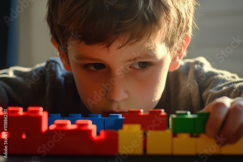 A boy with autism focuses intently on building colorful blocks, reflecting concentration and creativity.