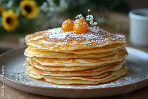 Photo de crêpes dorées empilées et saupoudrées de sucre glace, célébrant la Chandeleur et la tradition gourmande photo